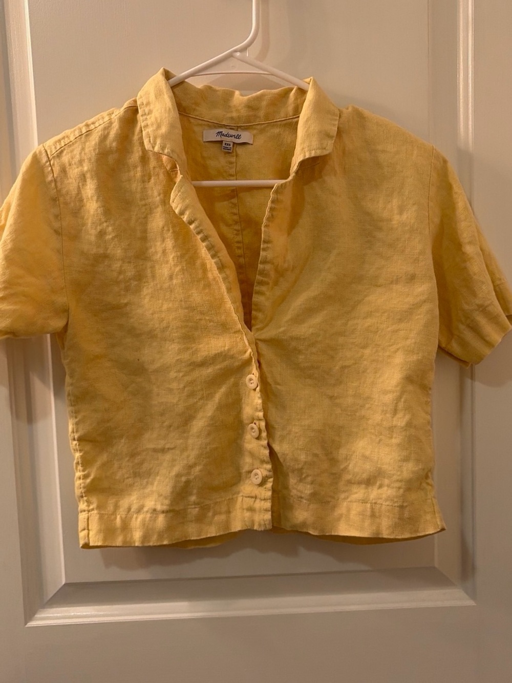Madewell Yellow Linen Short-Sleeve Button-Down Crop Top